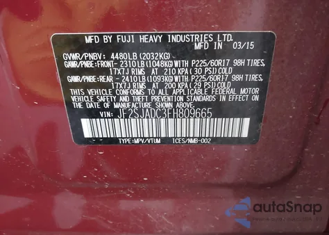 2015 Subaru Forester 2.5I Premium z USA, uszkodzony, nr VIN JF2SJADC3FH809665